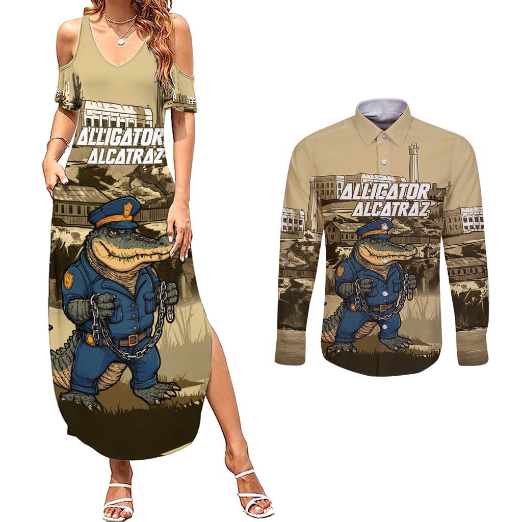 Alligator Alcatraz Couples Matching Summer Maxi Dress and Long Sleeve Button Shirt Police Gator Rock Penitentiary - Wonder Print Shop