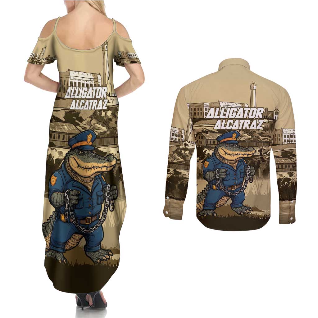 Alligator Alcatraz Couples Matching Summer Maxi Dress and Long Sleeve Button Shirt Police Gator Rock Penitentiary - Wonder Print Shop