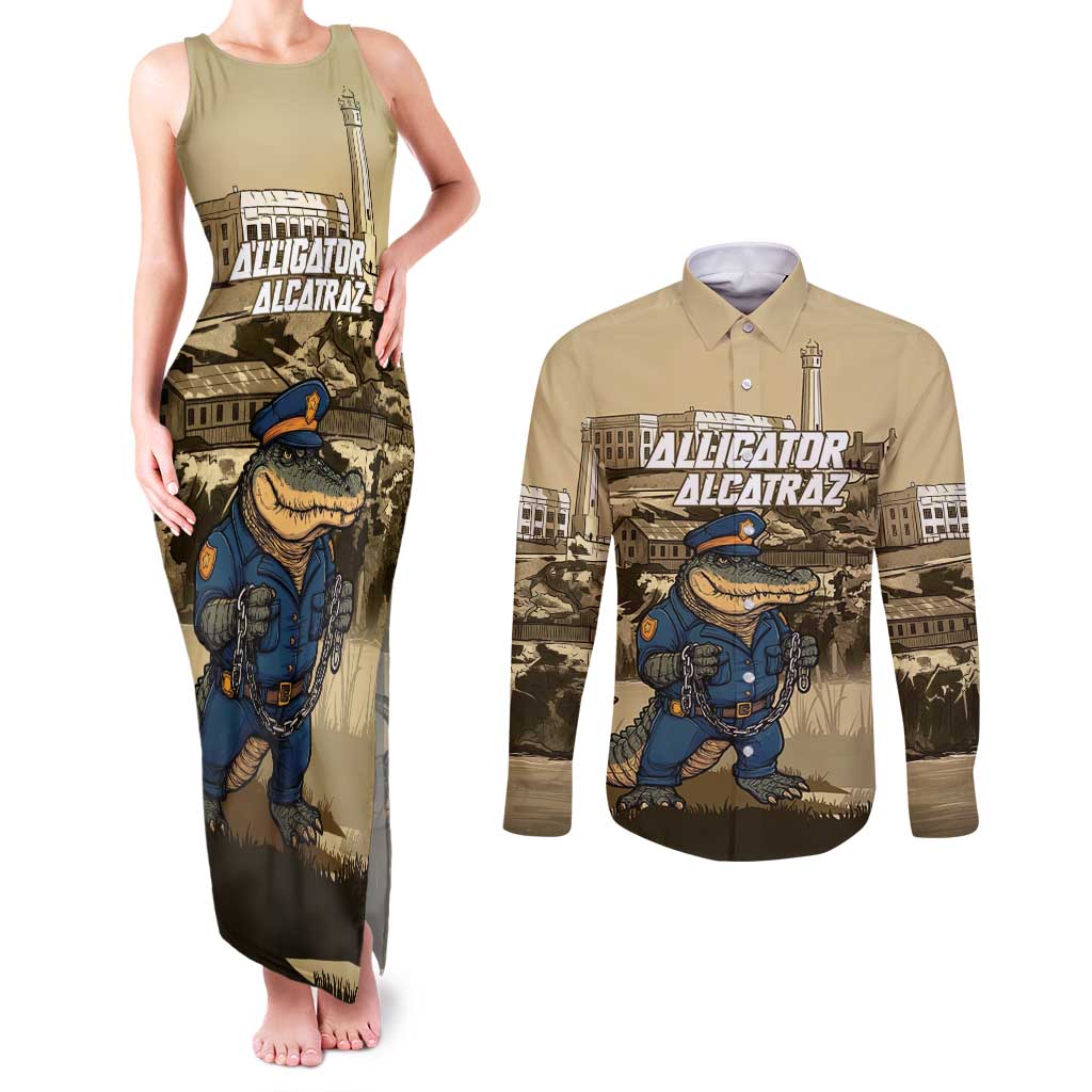 Alligator Alcatraz Couples Matching Tank Maxi Dress and Long Sleeve Button Shirt Police Gator Rock Penitentiary - Wonder Print Shop