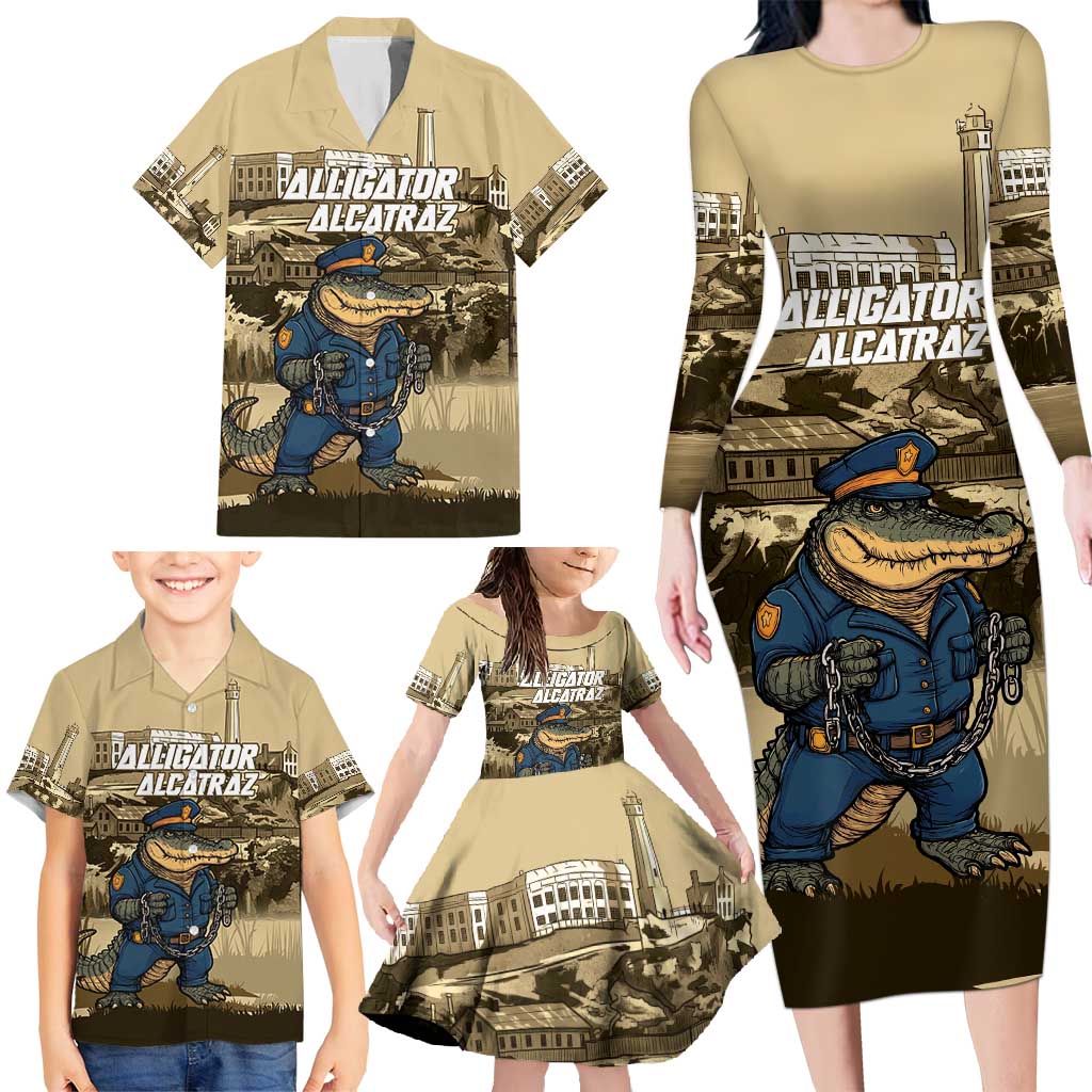 Alligator Alcatraz Family Matching Long Sleeve Bodycon Dress and Hawaiian Shirt Police Gator Rock Penitentiary - Wonder Print Shop