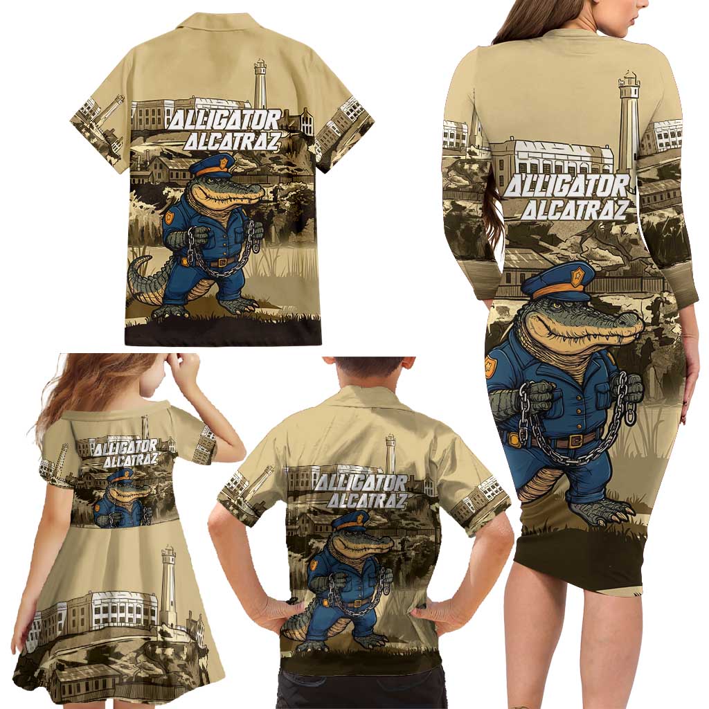 Alligator Alcatraz Family Matching Long Sleeve Bodycon Dress and Hawaiian Shirt Police Gator Rock Penitentiary - Wonder Print Shop
