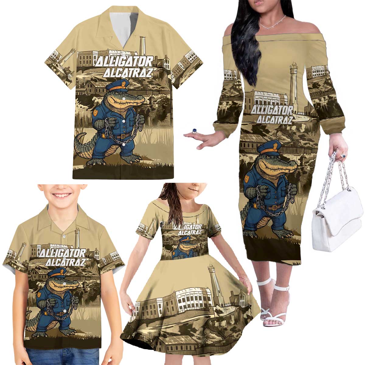 Alligator Alcatraz Family Matching Off The Shoulder Long Sleeve Dress and Hawaiian Shirt Police Gator Rock Penitentiary - Wonder Print Shop