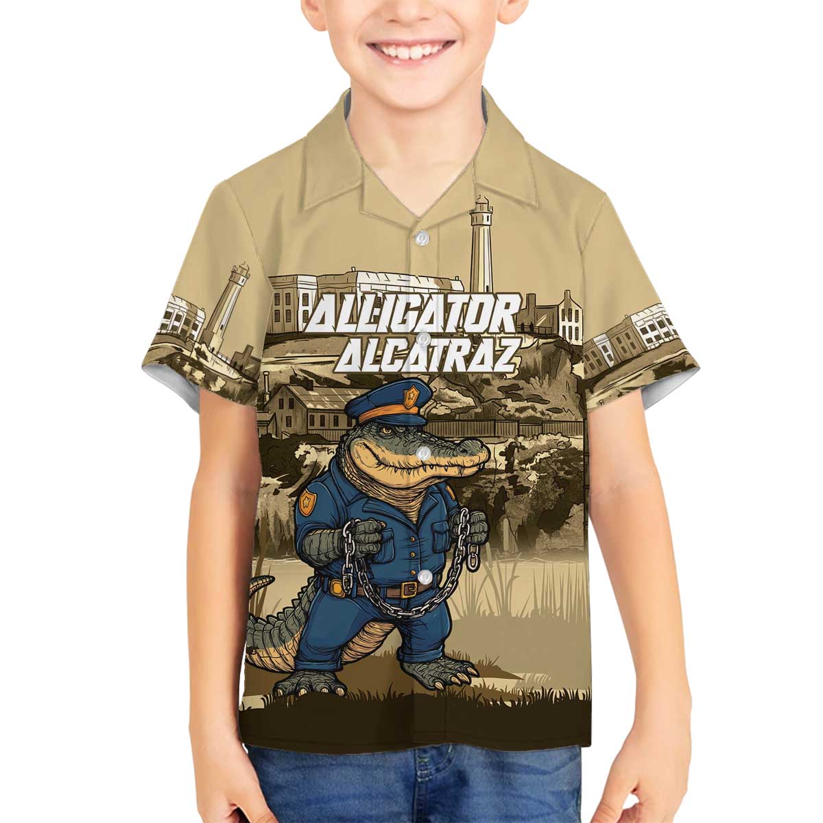 Alligator Alcatraz Family Matching Off The Shoulder Long Sleeve Dress and Hawaiian Shirt Police Gator Rock Penitentiary - Wonder Print Shop