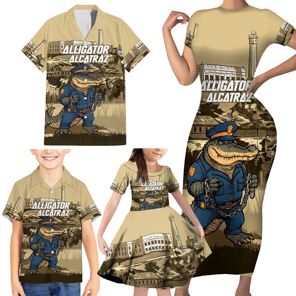 Alligator Alcatraz Family Matching Short Sleeve Bodycon Dress and Hawaiian Shirt Police Gator Rock Penitentiary - Wonder Print Shop