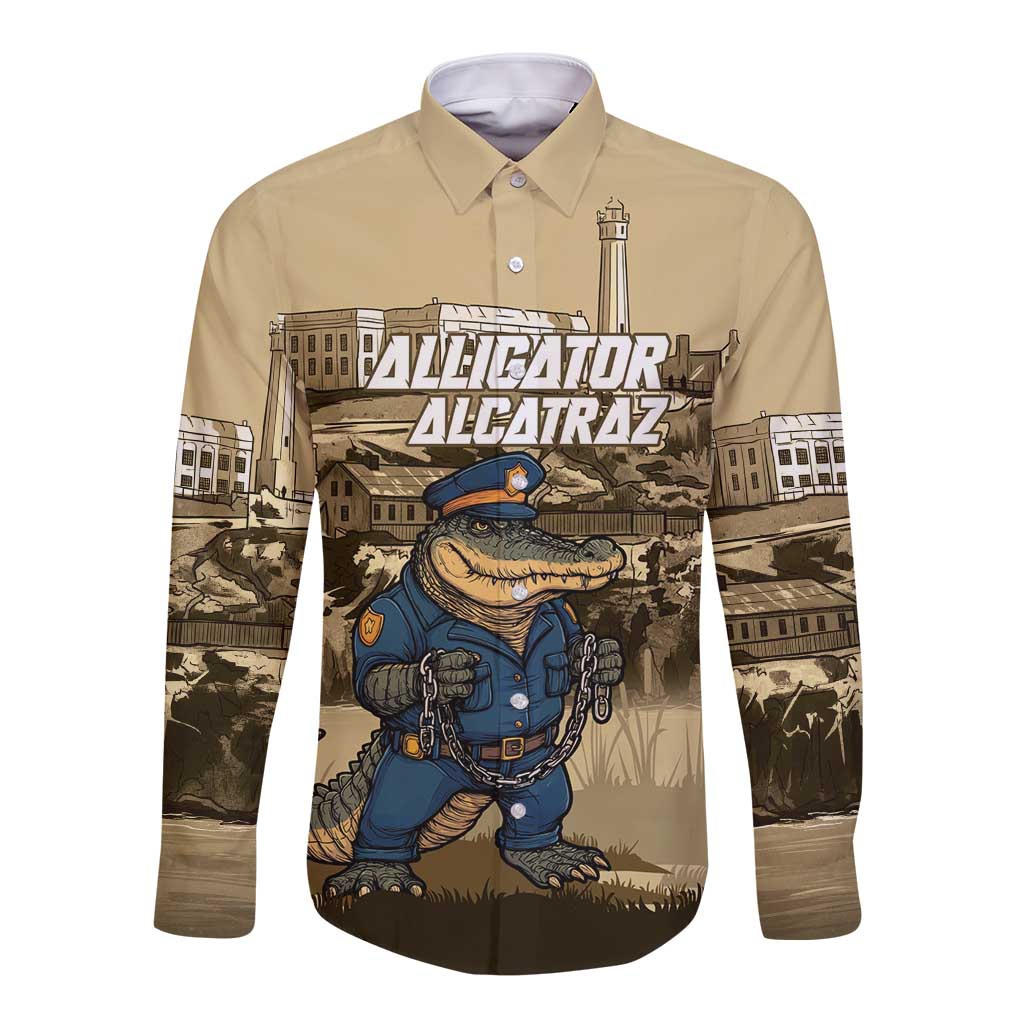 Alligator Alcatraz Long Sleeve Button Shirt Police Gator Rock Penitentiary - Wonder Print Shop