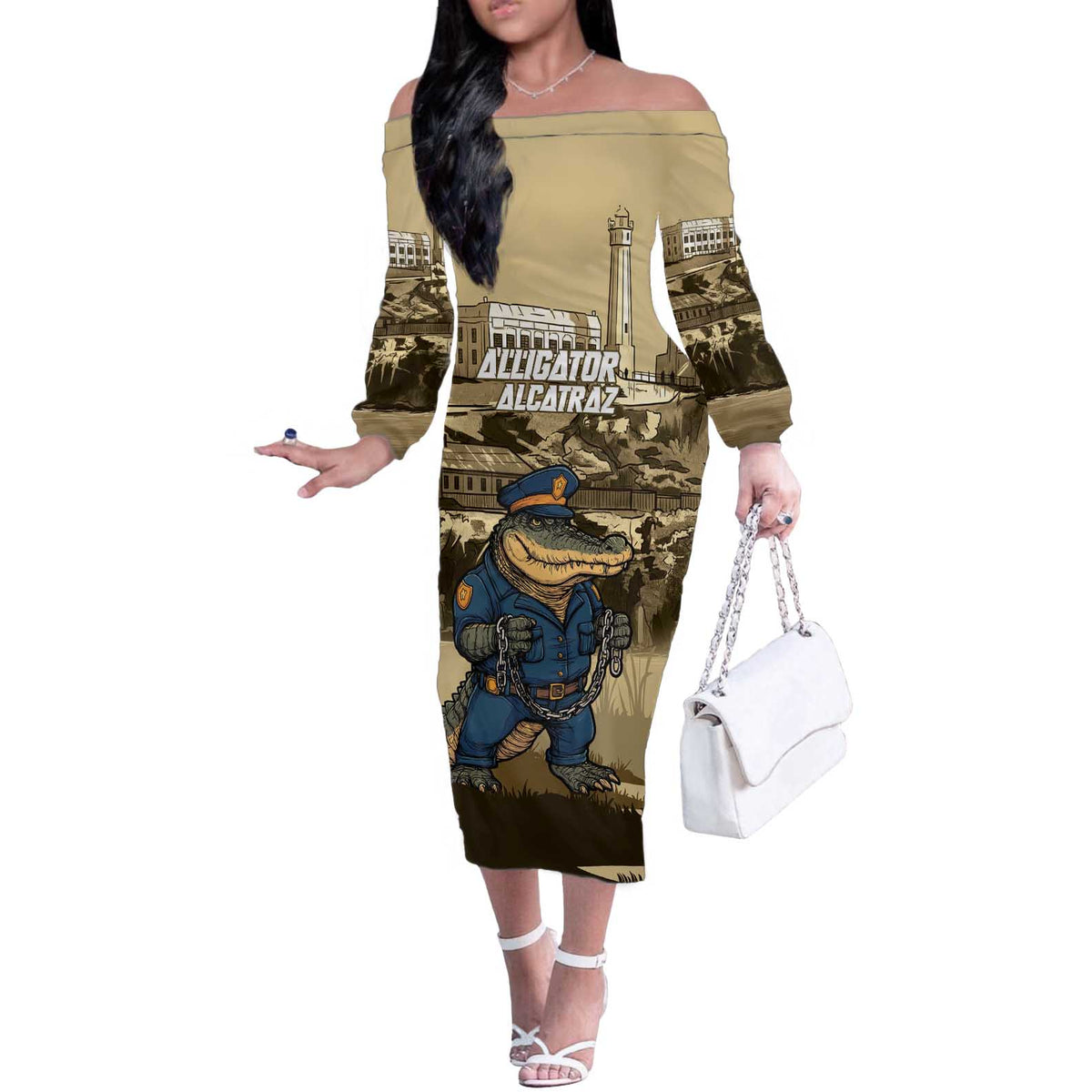 Alligator Alcatraz Off The Shoulder Long Sleeve Dress Police Gator Rock Penitentiary - Wonder Print Shop