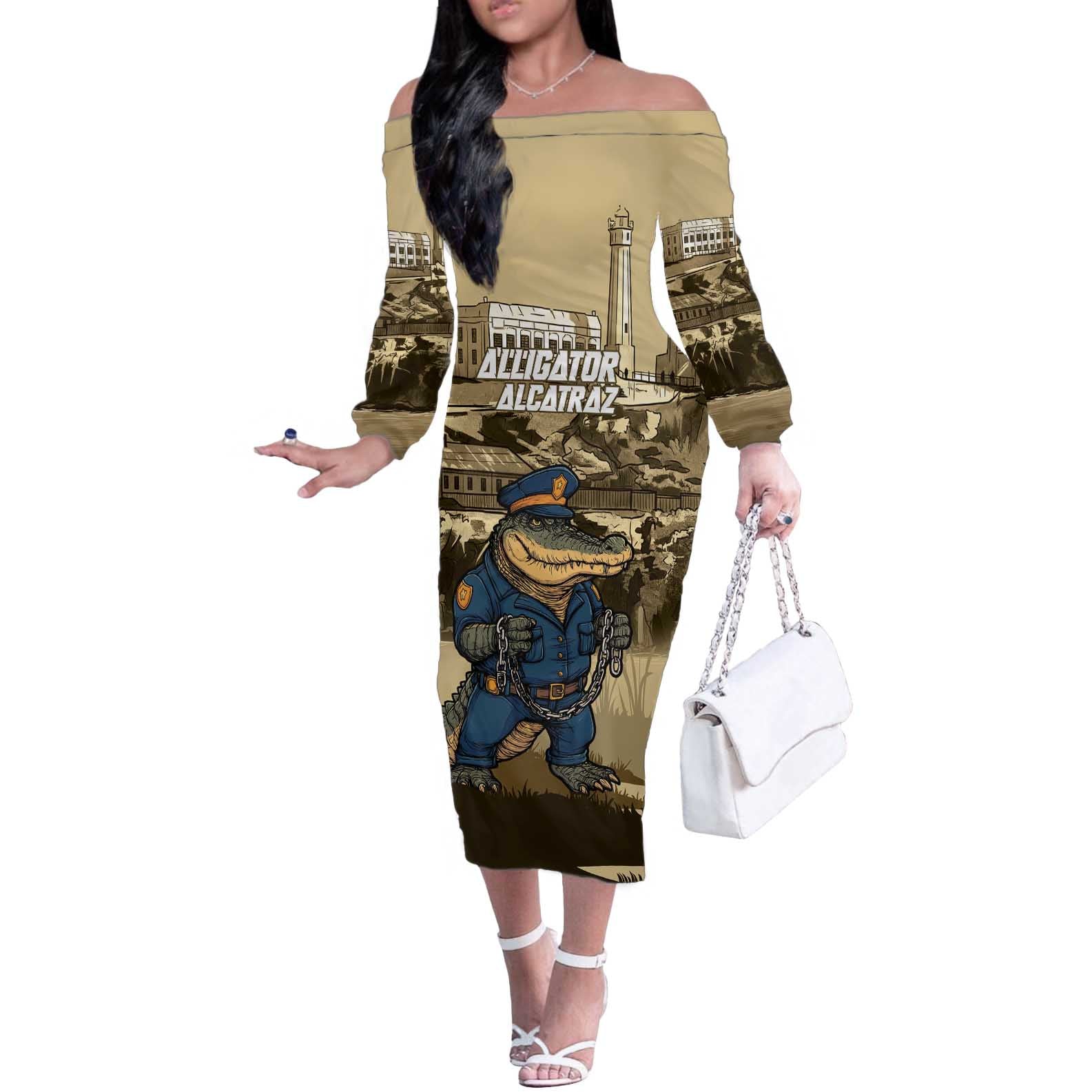 Alligator Alcatraz Off The Shoulder Long Sleeve Dress Police Gator Rock Penitentiary - Wonder Print Shop