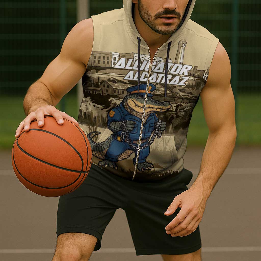 Alligator Alcatraz Sleeveless Zip Hoodie Police Gator Rock Penitentiary - Wonder Print Shop