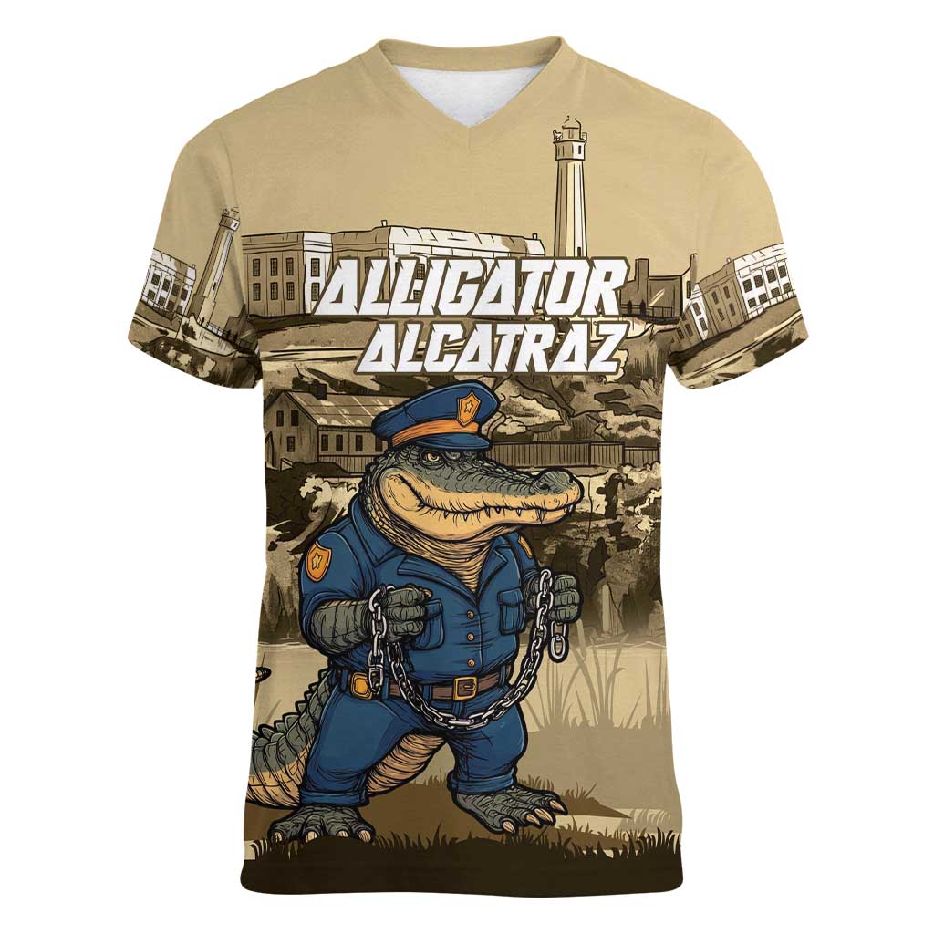 Alligator Alcatraz Women V-Neck T-Shirt Police Gator Rock Penitentiary - Wonder Print Shop