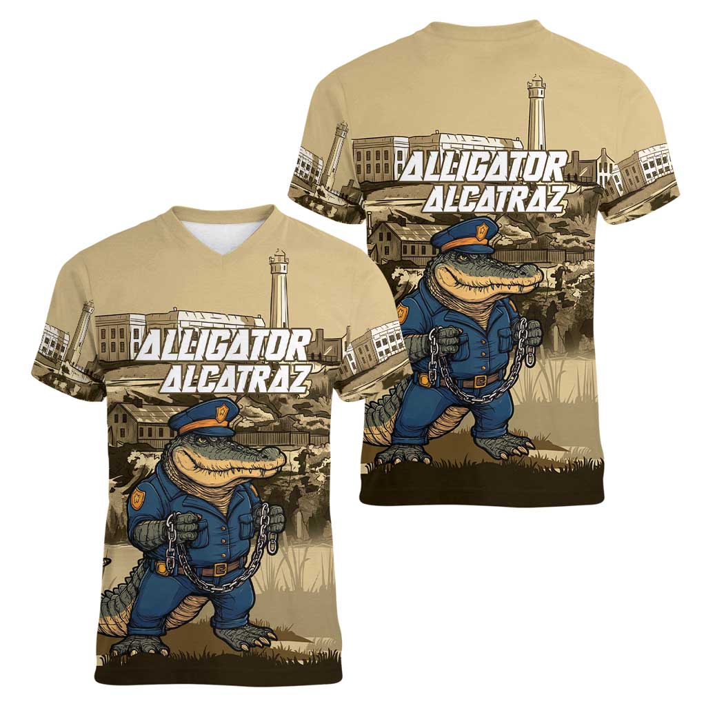 Alligator Alcatraz Women V-Neck T-Shirt Police Gator Rock Penitentiary - Wonder Print Shop