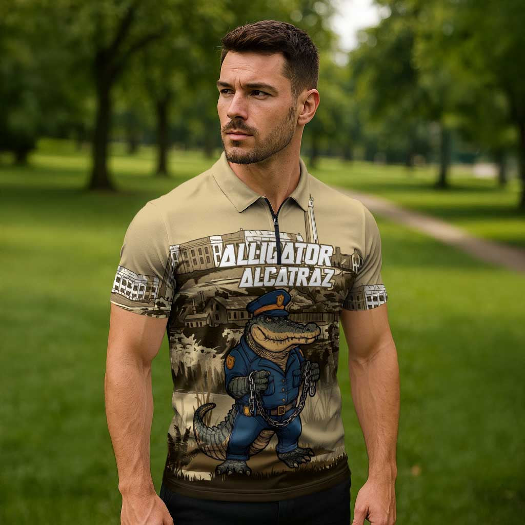 Alligator Alcatraz Zipper Polo Shirt Police Gator Rock Penitentiary - Wonder Print Shop