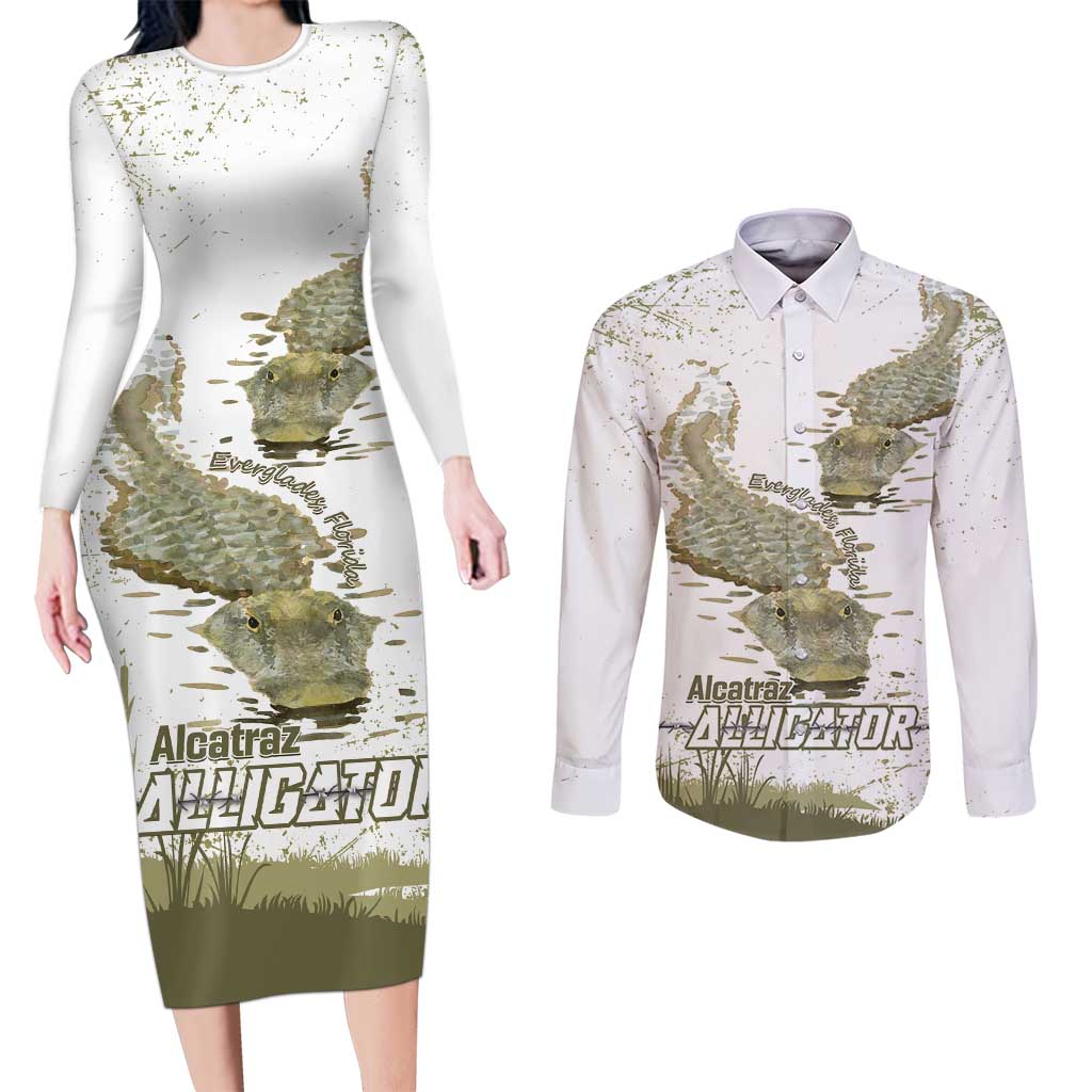 Everglades Florida Alligators Couples Matching Long Sleeve Bodycon Dress and Long Sleeve Button Shirt Alcatraz Est 2025 - Wonder Print Shop