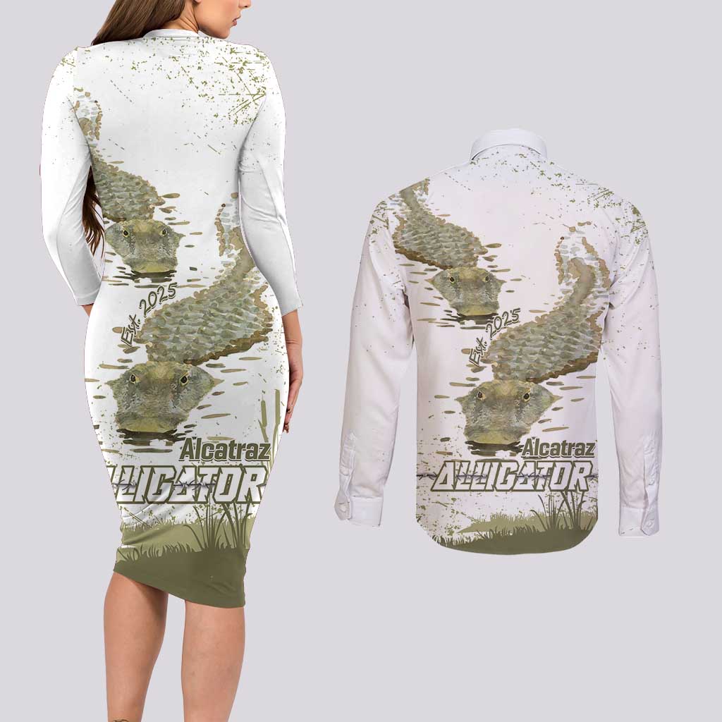 Everglades Florida Alligators Couples Matching Long Sleeve Bodycon Dress and Long Sleeve Button Shirt Alcatraz Est 2025 - Wonder Print Shop