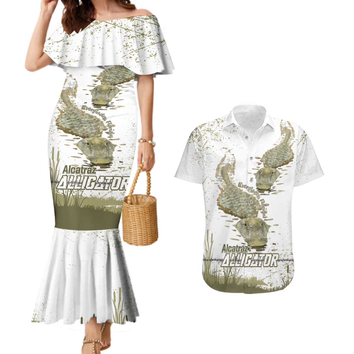 Everglades Florida Alligators Couples Matching Mermaid Dress and Hawaiian Shirt Alcatraz Est 2025 - Wonder Print Shop