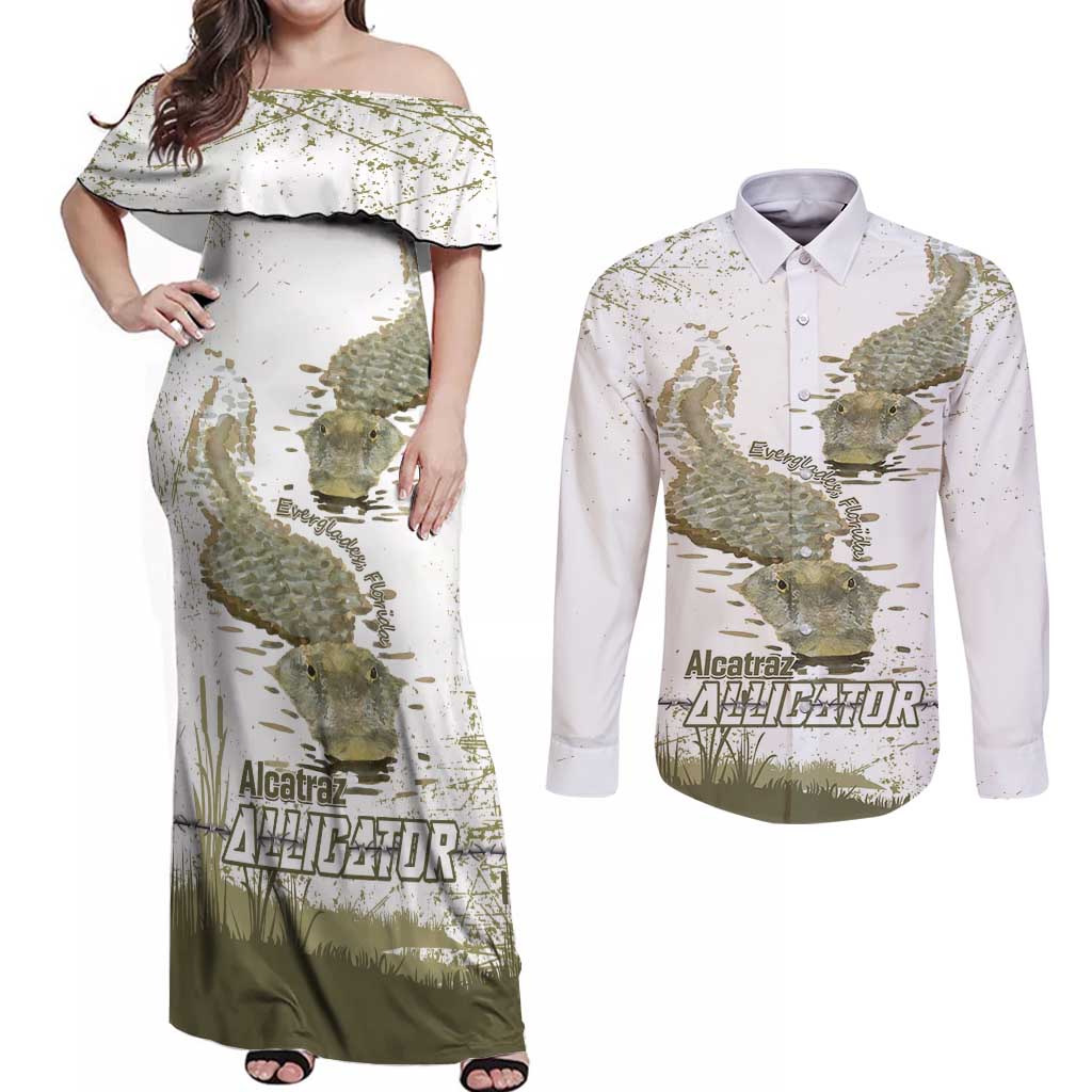 Everglades Florida Alligators Couples Matching Off Shoulder Maxi Dress and Long Sleeve Button Shirt Alcatraz Est 2025 - Wonder Print Shop