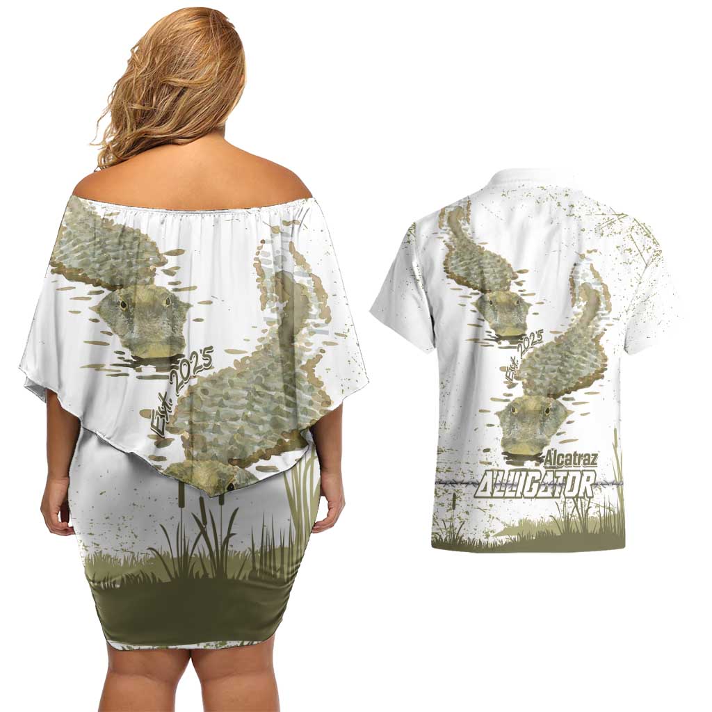 Everglades Florida Alligators Couples Matching Off Shoulder Short Dress and Hawaiian Shirt Alcatraz Est 2025 - Wonder Print Shop