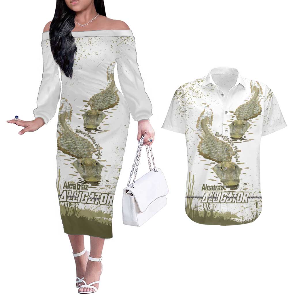 Everglades Florida Alligators Couples Matching Off The Shoulder Long Sleeve Dress and Hawaiian Shirt Alcatraz Est 2025 - Wonder Print Shop