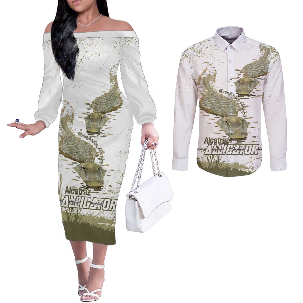Everglades Florida Alligators Couples Matching Off The Shoulder Long Sleeve Dress and Long Sleeve Button Shirt Alcatraz Est 2025 - Wonder Print Shop