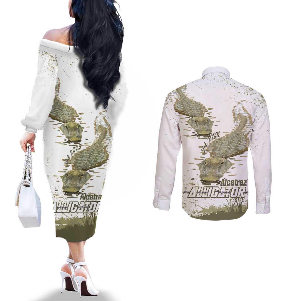 Everglades Florida Alligators Couples Matching Off The Shoulder Long Sleeve Dress and Long Sleeve Button Shirt Alcatraz Est 2025 - Wonder Print Shop