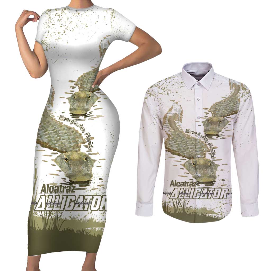 Everglades Florida Alligators Couples Matching Short Sleeve Bodycon Dress and Long Sleeve Button Shirt Alcatraz Est 2025 - Wonder Print Shop
