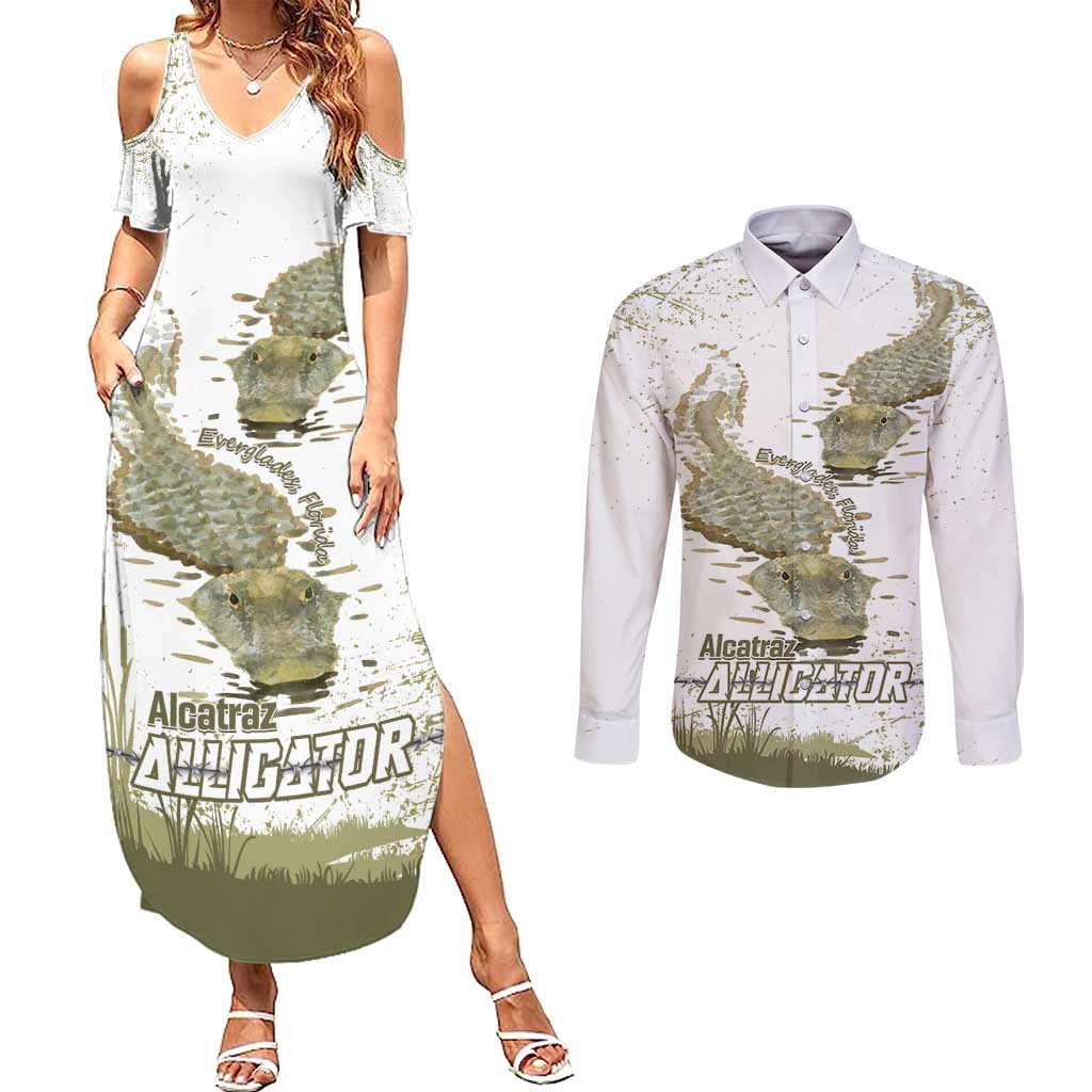 Everglades Florida Alligators Couples Matching Summer Maxi Dress and Long Sleeve Button Shirt Alcatraz Est 2025 - Wonder Print Shop