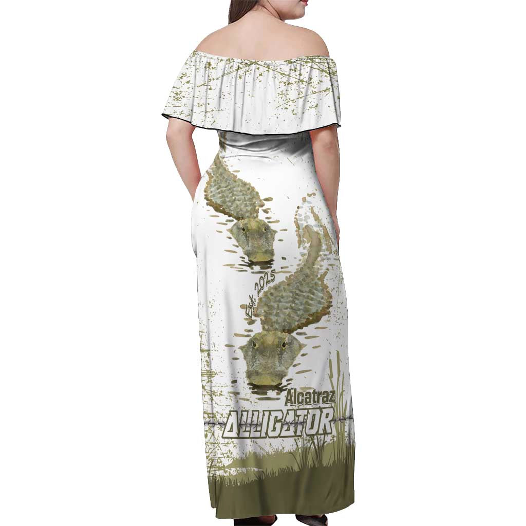 Everglades Florida Alligators Off Shoulder Maxi Dress Alcatraz Est 2025 - Wonder Print Shop