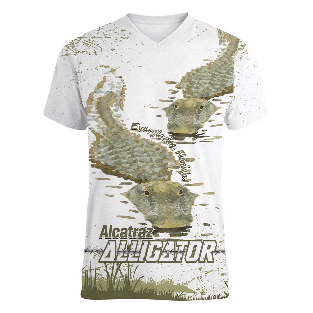Everglades Florida Alligators Women V-Neck T-Shirt Alcatraz Est 2025 - Wonder Print Shop