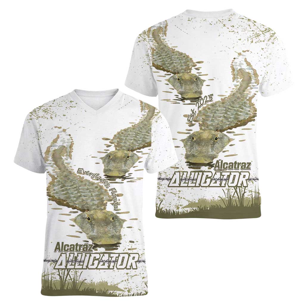 Everglades Florida Alligators Women V-Neck T-Shirt Alcatraz Est 2025 - Wonder Print Shop