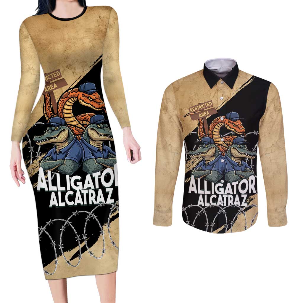 Alligator Alcatraz Couples Matching Long Sleeve Bodycon Dress and Long Sleeve Button Shirt Gator and Python Restricted Area - Wonder Print Shop