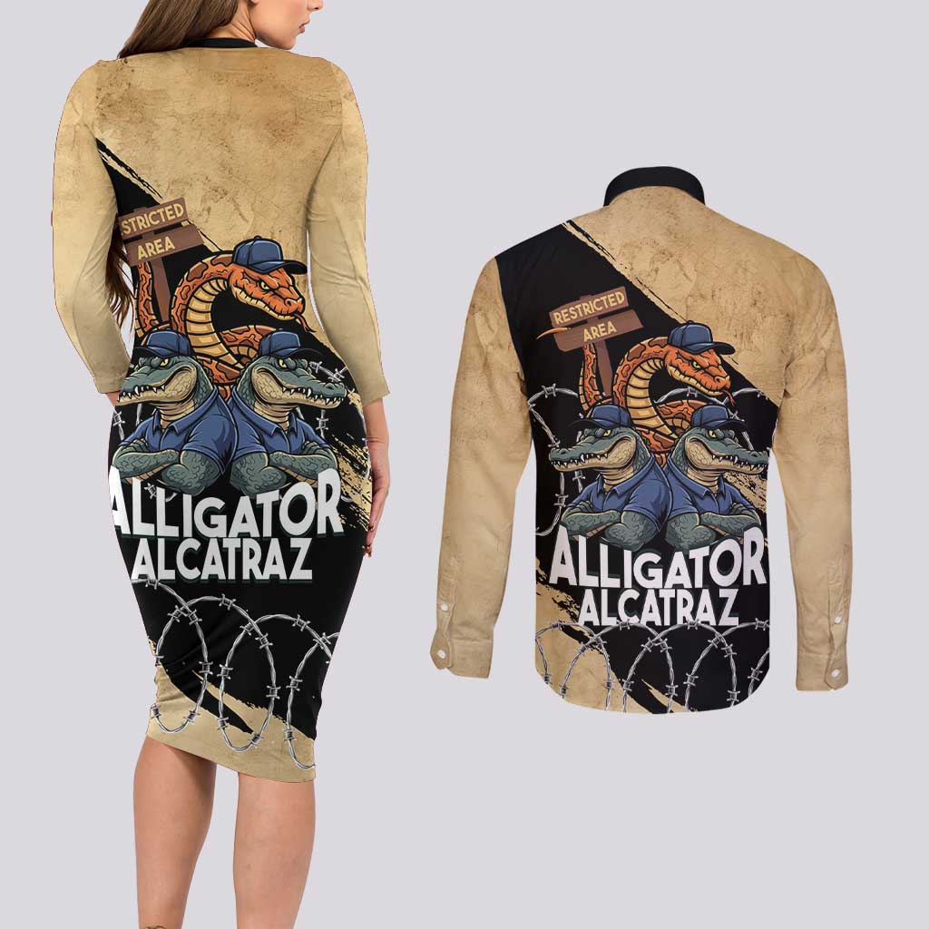 Alligator Alcatraz Couples Matching Long Sleeve Bodycon Dress and Long Sleeve Button Shirt Gator and Python Restricted Area - Wonder Print Shop
