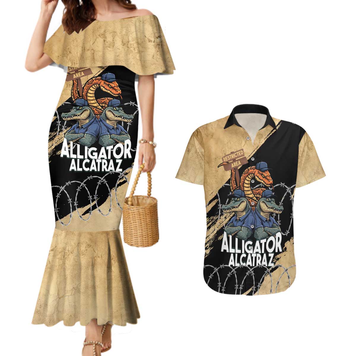 Alligator Alcatraz Couples Matching Mermaid Dress and Hawaiian Shirt Gator and Python Restricted Area - Wonder Print Shop