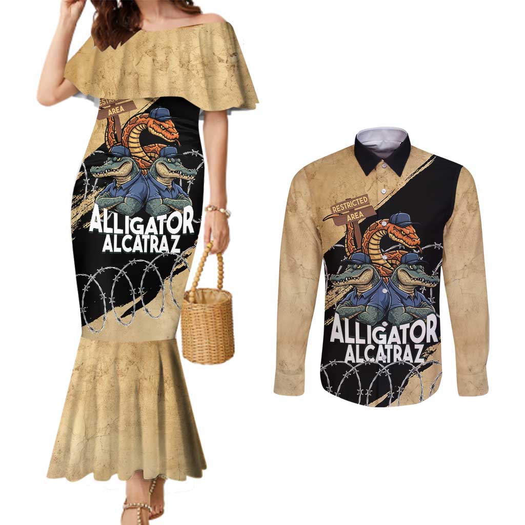 Alligator Alcatraz Couples Matching Mermaid Dress and Long Sleeve Button Shirt Gator and Python Restricted Area - Wonder Print Shop