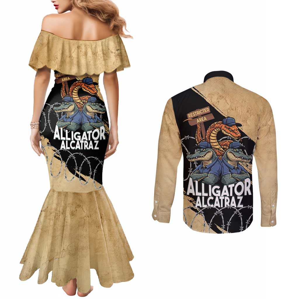 Alligator Alcatraz Couples Matching Mermaid Dress and Long Sleeve Button Shirt Gator and Python Restricted Area - Wonder Print Shop