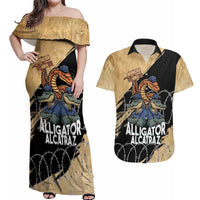 Alligator Alcatraz Couples Matching Off Shoulder Maxi Dress and Hawaiian Shirt Gator and Python Restricted Area - Wonder Print Shop