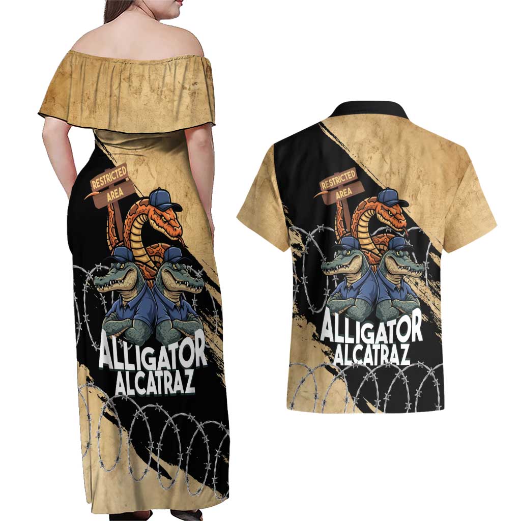 Alligator Alcatraz Couples Matching Off Shoulder Maxi Dress and Hawaiian Shirt Gator and Python Restricted Area - Wonder Print Shop