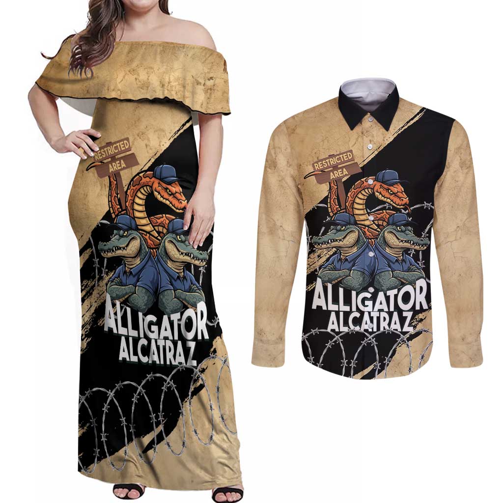 Alligator Alcatraz Couples Matching Off Shoulder Maxi Dress and Long Sleeve Button Shirt Gator and Python Restricted Area - Wonder Print Shop