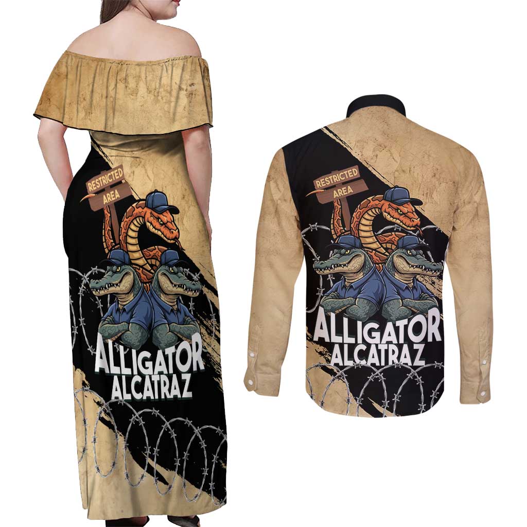 Alligator Alcatraz Couples Matching Off Shoulder Maxi Dress and Long Sleeve Button Shirt Gator and Python Restricted Area - Wonder Print Shop
