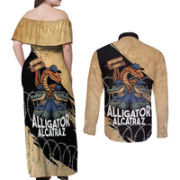 Alligator Alcatraz Couples Matching Off Shoulder Maxi Dress and Long Sleeve Button Shirt Gator and Python Restricted Area - Wonder Print Shop