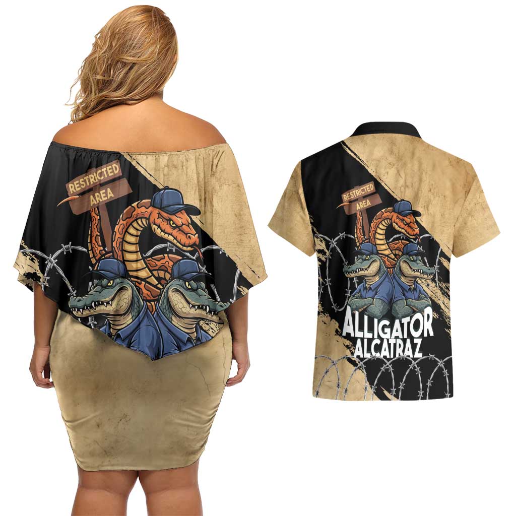 Alligator Alcatraz Couples Matching Off Shoulder Short Dress and Hawaiian Shirt Gator and Python Restricted Area - Wonder Print Shop