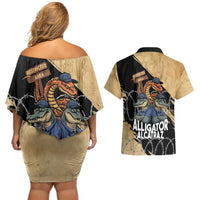 Alligator Alcatraz Couples Matching Off Shoulder Short Dress and Hawaiian Shirt Gator and Python Restricted Area - Wonder Print Shop