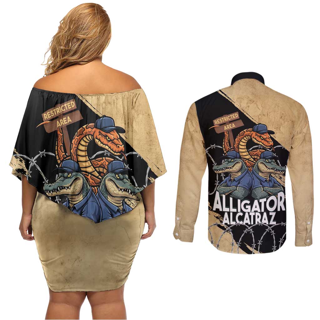 Alligator Alcatraz Couples Matching Off Shoulder Short Dress and Long Sleeve Button Shirt Gator and Python Restricted Area - Wonder Print Shop
