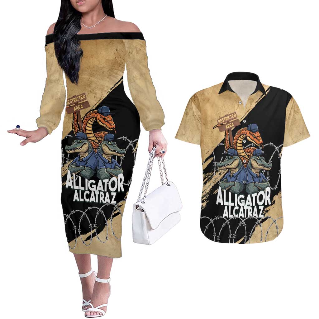 Alligator Alcatraz Couples Matching Off The Shoulder Long Sleeve Dress and Hawaiian Shirt Gator and Python Restricted Area - Wonder Print Shop