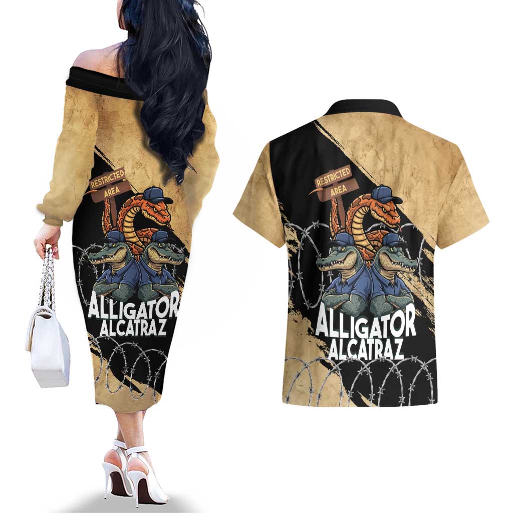 Alligator Alcatraz Couples Matching Off The Shoulder Long Sleeve Dress and Hawaiian Shirt Gator and Python Restricted Area - Wonder Print Shop
