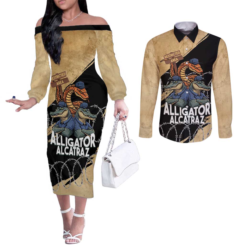 Alligator Alcatraz Couples Matching Off The Shoulder Long Sleeve Dress and Long Sleeve Button Shirt Gator and Python Restricted Area - Wonder Print Shop