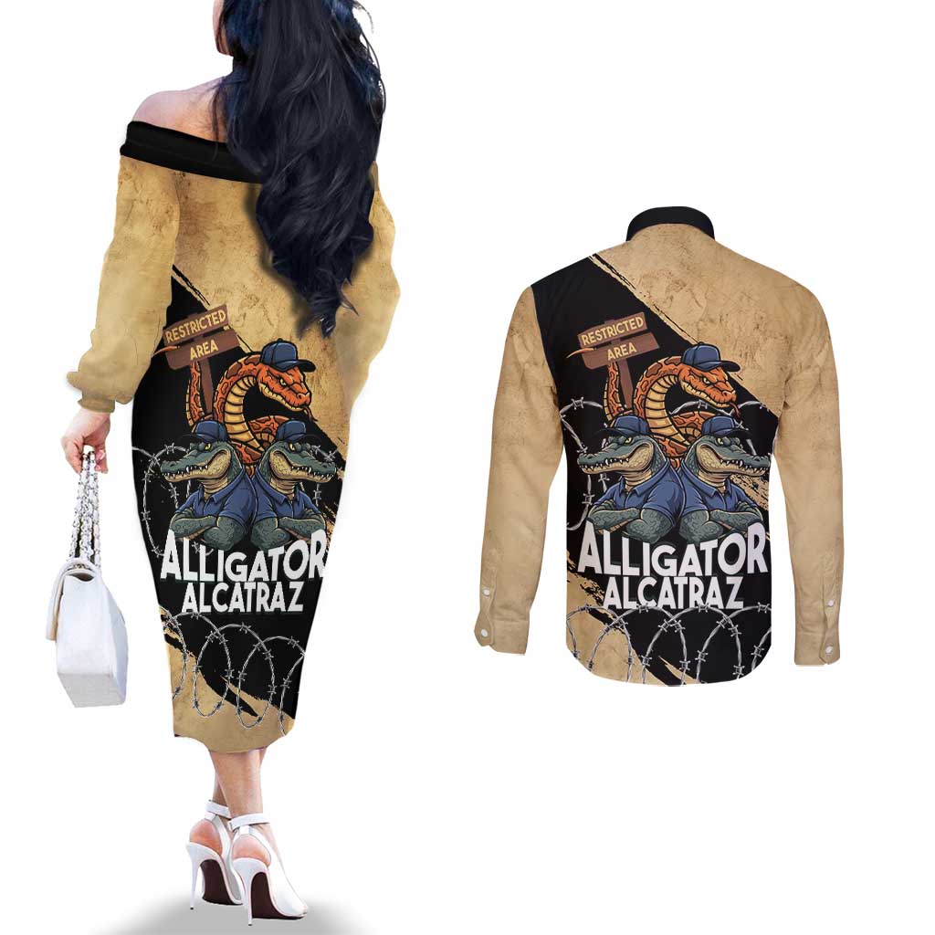Alligator Alcatraz Couples Matching Off The Shoulder Long Sleeve Dress and Long Sleeve Button Shirt Gator and Python Restricted Area - Wonder Print Shop