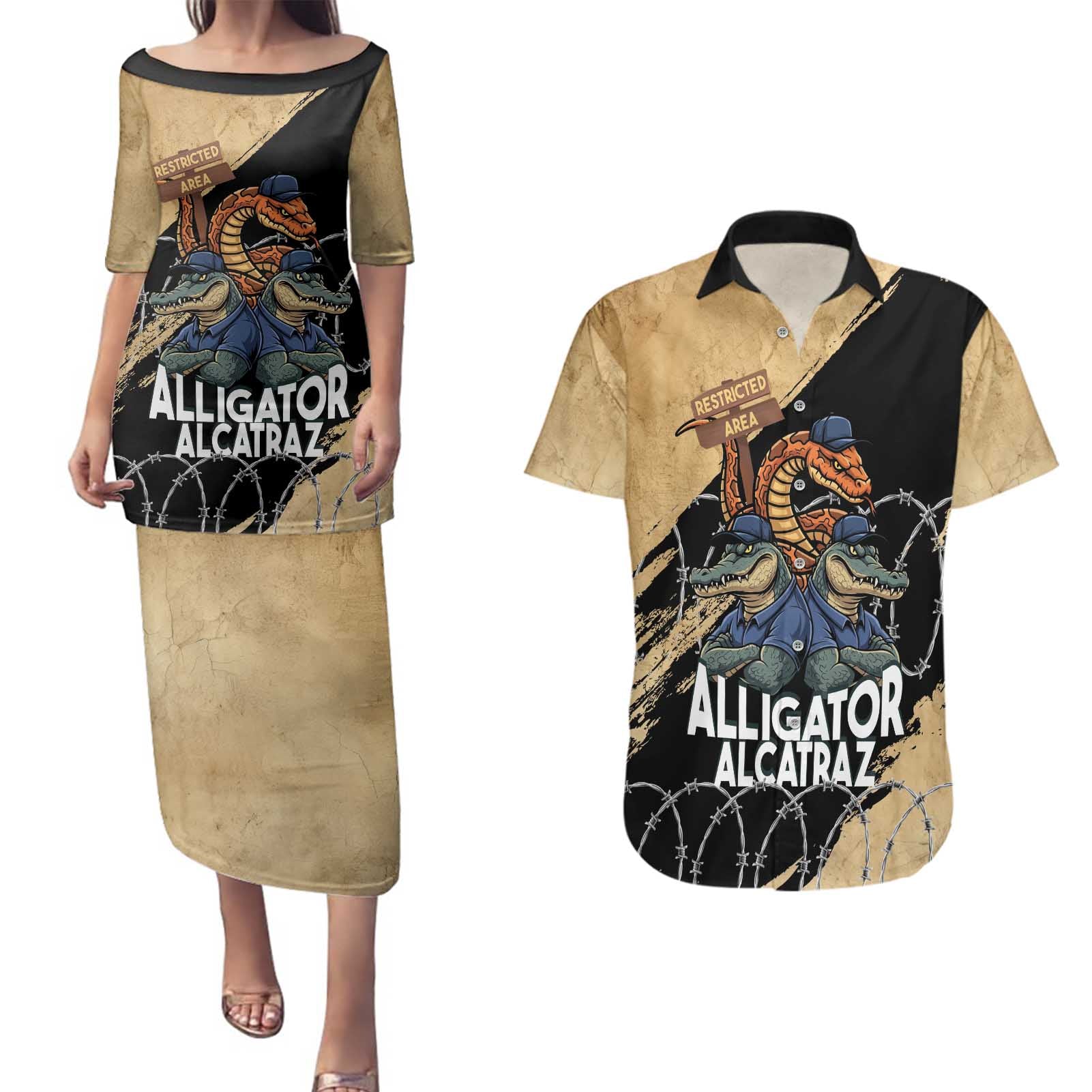Alligator Alcatraz Couples Matching Puletasi and Hawaiian Shirt Gator and Python Restricted Area - Wonder Print Shop