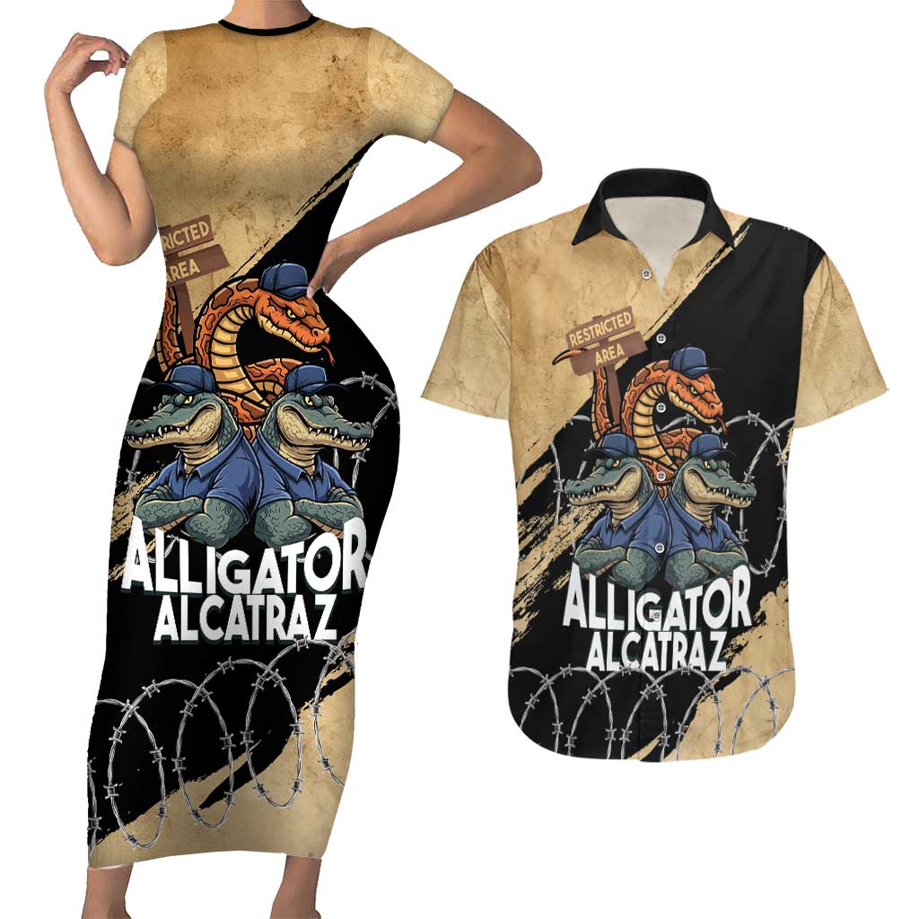Alligator Alcatraz Couples Matching Short Sleeve Bodycon Dress and Hawaiian Shirt Gator and Python Restricted Area - Wonder Print Shop