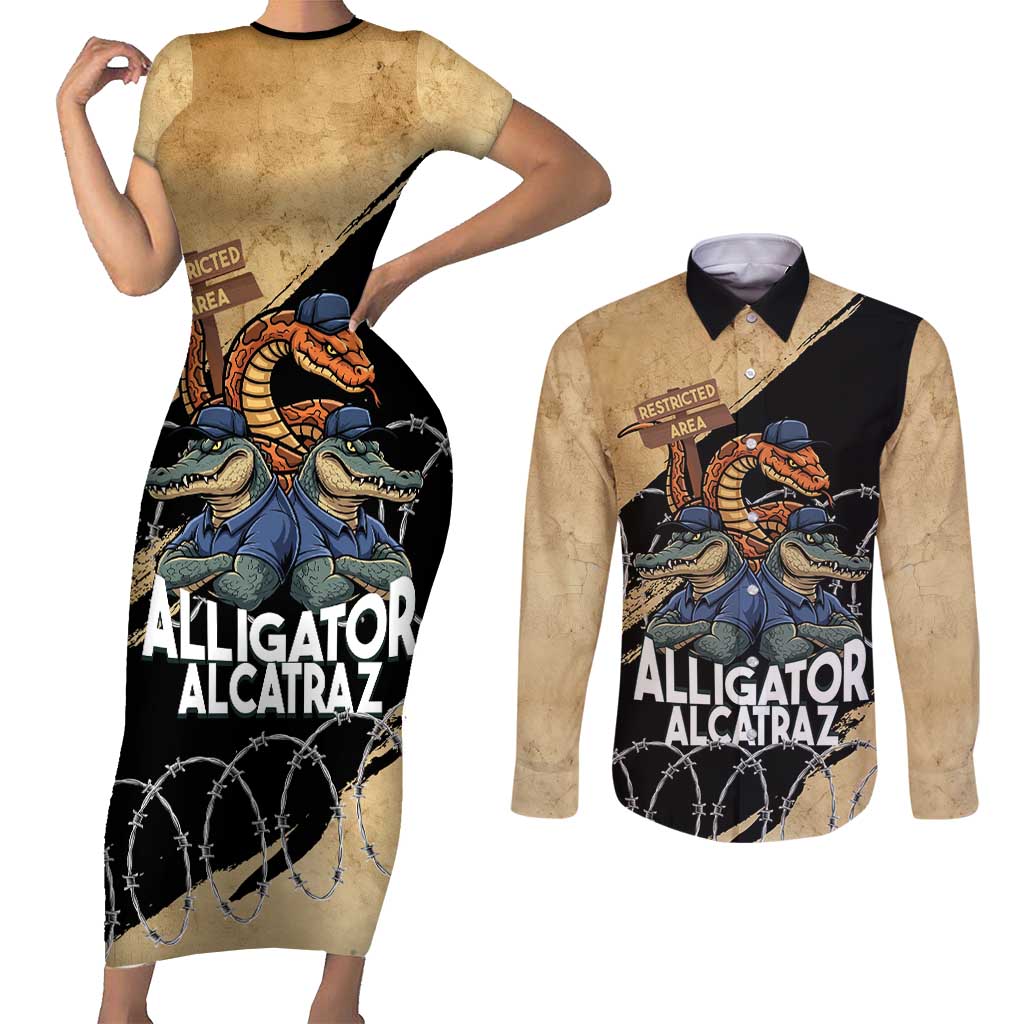 Alligator Alcatraz Couples Matching Short Sleeve Bodycon Dress and Long Sleeve Button Shirt Gator and Python Restricted Area - Wonder Print Shop