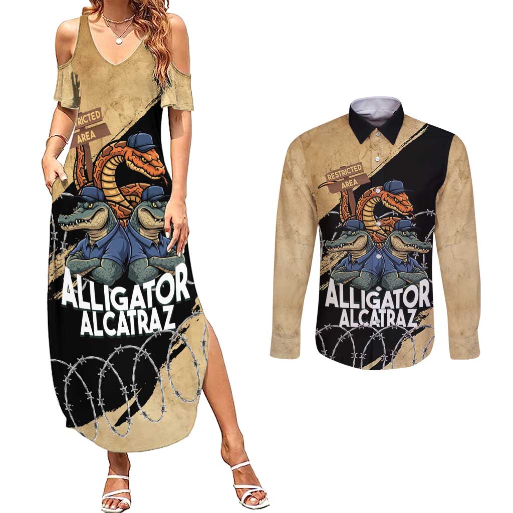 Alligator Alcatraz Couples Matching Summer Maxi Dress and Long Sleeve Button Shirt Gator and Python Restricted Area - Wonder Print Shop