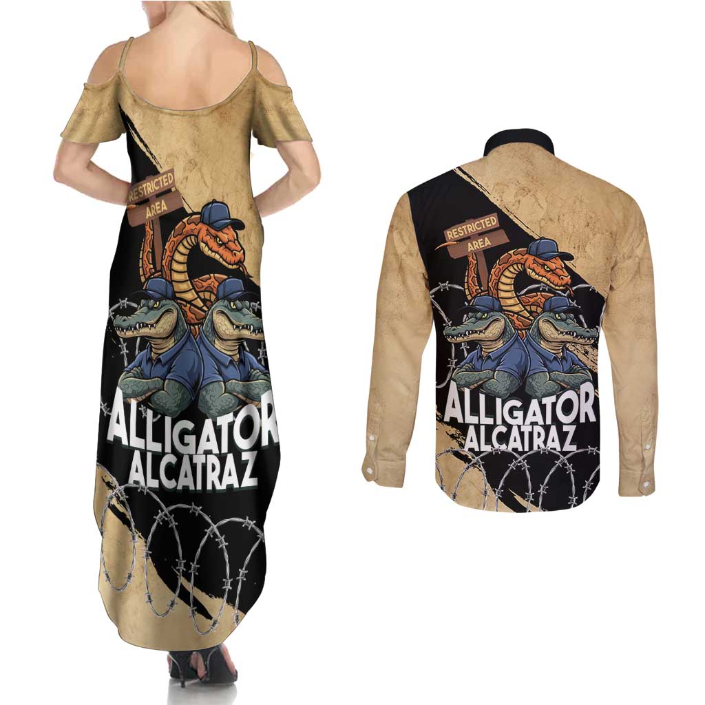 Alligator Alcatraz Couples Matching Summer Maxi Dress and Long Sleeve Button Shirt Gator and Python Restricted Area - Wonder Print Shop